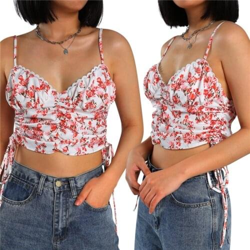 Floral Printed Drawstring Ruched Camisole Women Ladies Summer Sexy Midriff-baring Camis Sleeveless Top Slim Base Shirt