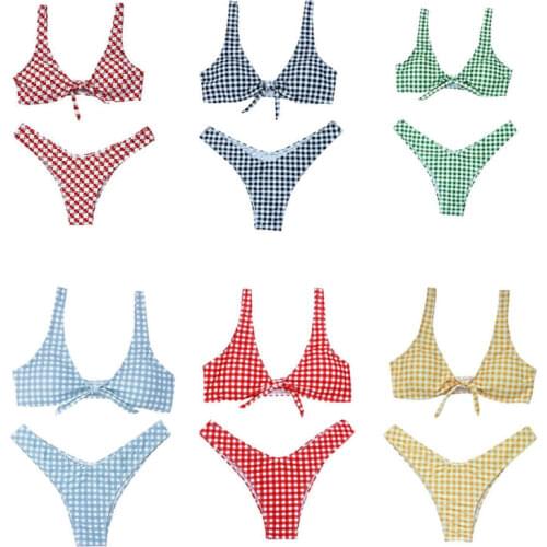 Sexy Bowknot Bikini Women Bandage Plaid Push-up Bikini Padded Bra High Waist Bottom Swimsuit Bathing 2pcs Set Swimwear 6 Colors