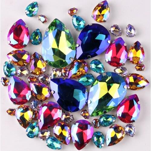 Silver claw setting Water drop shape 7 sizes mix 50pcs/bag glass crystal sew on rhinestone beads wedding dress shoes bags diy