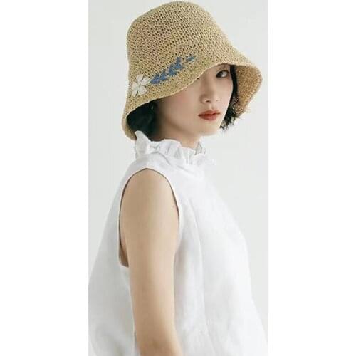 2021 New Grass Sunshade Straw Sun Hat Women Outing Sunscreen Beach Bucket Caps Summer Female Foldable Embroidery Fisherman Hats