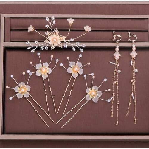FORSEVEN Gold Color Flower Pearls Hair Sticks Clip Hairpin Earring Headpiece Jewelry Sets Bride Noiva Wedding Hair Accessories