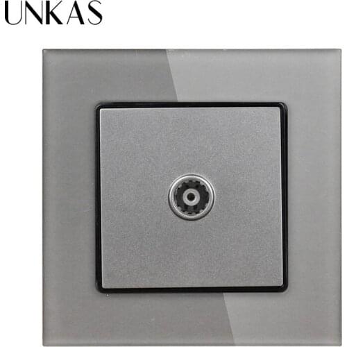 UNKAS Grey Luxury Crystal Glass Panel 1 Gang Female TV Jack Socket Wall Power Socket 86*86 mm