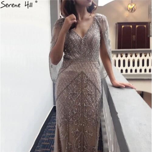 Crystal Sleeveless Shawl Yarn Evening Dresses 2020 Dubai Grey Nude V-Neck Sexy Formal Gown Serene Hill BLA70382