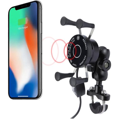 Motorcycle Phone QC3.0 USB Qi Fast Charging Wireless Charger 9-30v Bracket Holder 360 Rotation Motorcycle Bicycle Handlebar