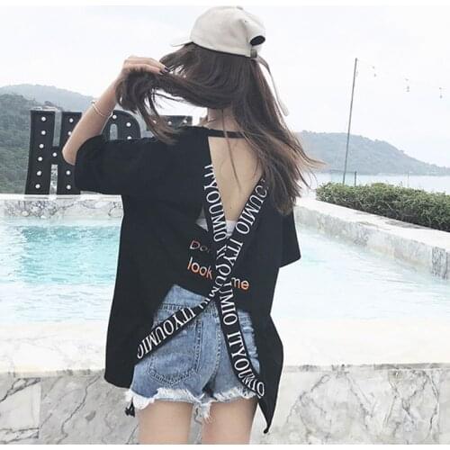 2021 new open back top short sleeve Korean loose hollow personality T-shirt summer