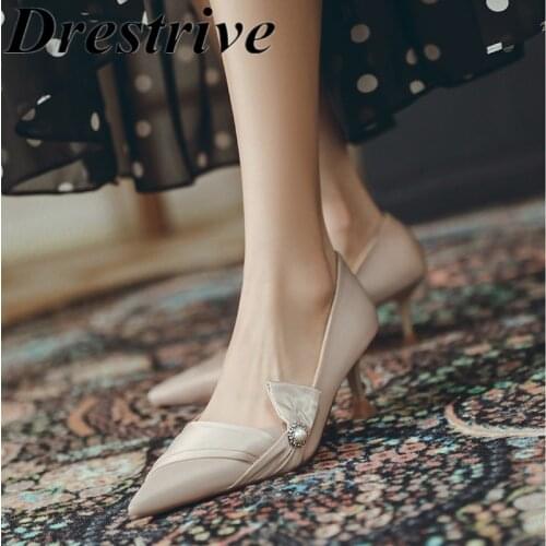 Drestrive Women Pumps Satin Pointed Toe Butterfly Knot Thin Heel Shallow Black Elegant Party 2021 Summer High Heel Shoes