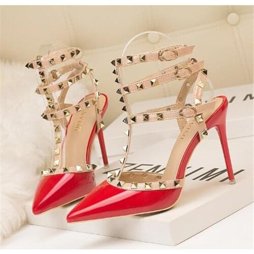 1New Summer Ankle Rivet Buckle Fashion Womens Sandals Patent Leather High Heels Women Wedding Shoes Red Female Sexy Party Pumps