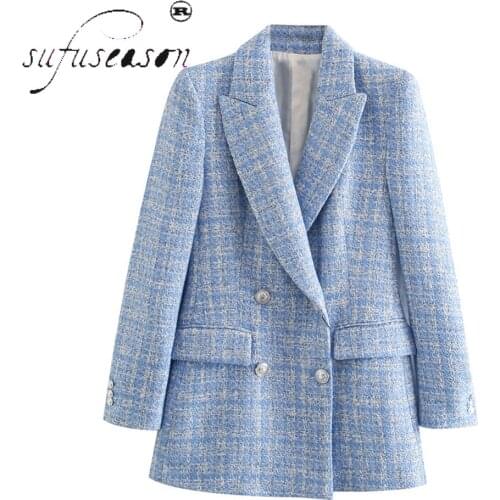 SuFuseason ZA2021 Blue Twill Tweed Jacket Vintage Lattice Women Suit Jackets Ladies Asymmetrical Double Breasted Coat