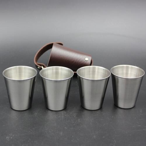 4Pcs/set Shot Glass Portable Mug set Tumbler Wine Cup Polished and Leather Wrap 70ml Stainless Steel With Leather Cover Bag