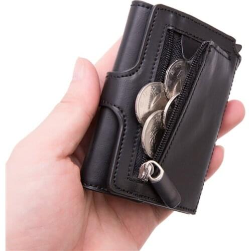 Aluminum RFID Credit Card Holder with Zipper Coin Purse Men Leather Wallet Fashion Card Holder with Note Compartment