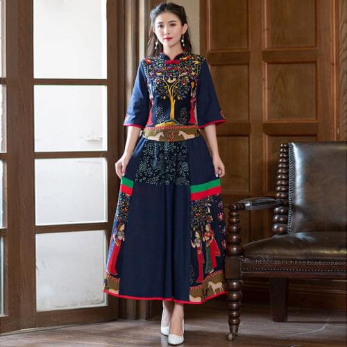 Chinese Style Women Top Short Skirt Two Piece Set China Ethnic Traditional Cotton Linen Vintage Plus Size Tang Suit Clothing 4XL