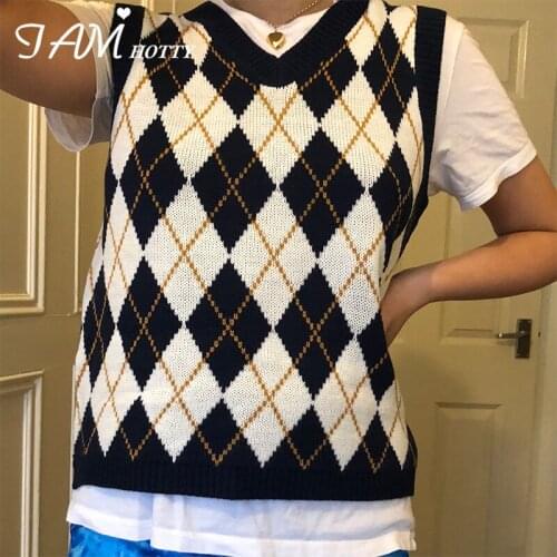 Cute Y2K Argyle Plaid Oversized Sweater Vest Women V Neck Knitted Jumper Sleeveless Knitwear Femme Autumn Pullover 2020 Iamhotty