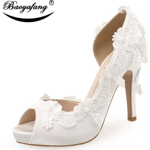 Summer Womens weddding shoes Bride White Lace shoes 10.5cm High heels Pumps Peep Toe Platform shoes Bridesmaid Sweet dress shoe
