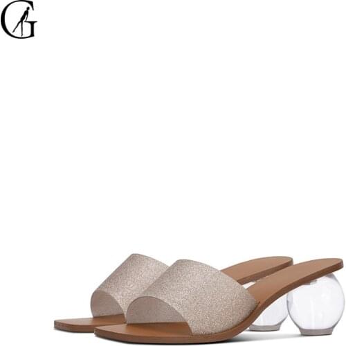 GOXEOU Womens Slippers PVC Frosted Gold Word Belt Square Toe 6 CM Crystal Ball Heel Fashion Office Lady Sandals Size 32-46