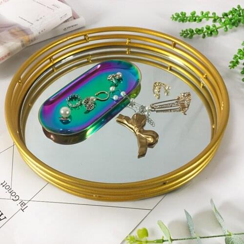 1Pc Nordic Golden Hollow Out Round Mirror Glass Tray Desktop Cosmetic Jewelry Fruit Storage Plate Home Decor