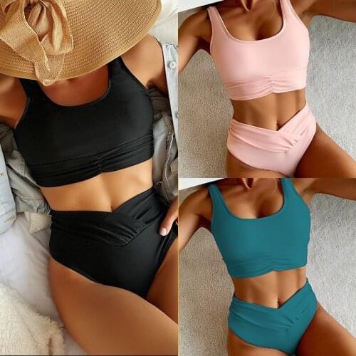 2021 New Fashion Ladies Solid Color Vest Waist Wrinkle Bikini Sexy Swimsuit Swimwear