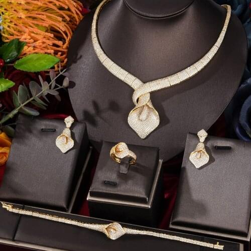 GODKI Indian Luxury 4PCS Lily Flowers African Jewelry Sets For Women Wedding Cubic Zirconia Dubai Bridal SetS Costum Jewelry