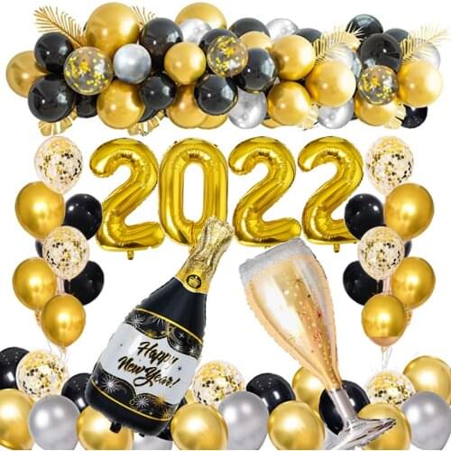 78pcs 2022 Bottle Wine Glass Gold Black Balloons Happy New Year Eve Party Decorations For Home 2021 Merry Christmas Xmas