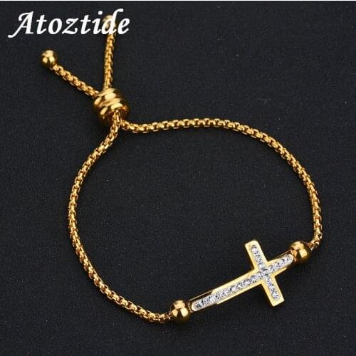 Atoztide Charm 1 Row Round Cross Crystal Bracelets For Women Adjustable CZ stone Gold Rope Bracelet Beads Bangle Gift