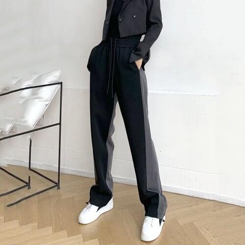 Womens Spring And Autumn Loose Large Size Trousers Thin High Waist Black Gray Stitching Casual Straight Bound Legs Trousers