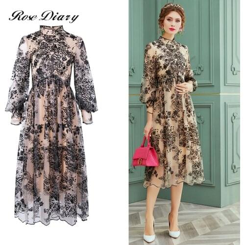 RoseDiary Designer Classic Fashion Flower Embroidery Lace Mesh Maxi Long Dress Party Dinner Dresses Plus Vestidos Elbise Bayan