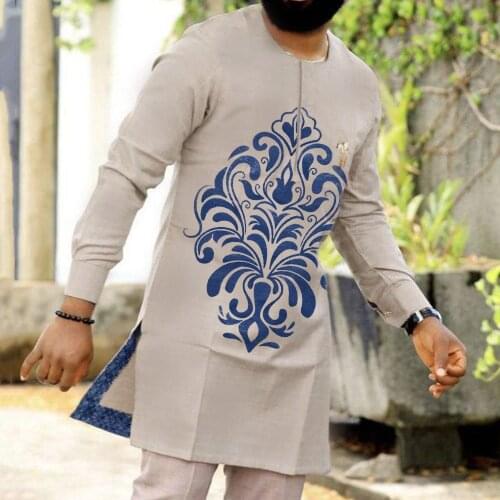 Men Tshirt Spring Long Sleeve Straight Mid-Length Muslim African Fashion Tee For Male Young Simple Colthing Young Man 2021 New