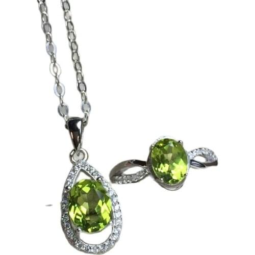 KJJEAXCMY exquisite jewelry 925 pure silver inlaid natural olivine ladies jewelry set rings pendant 2 pieces