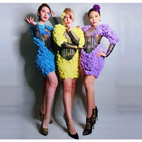 3 colors 3D flower printing Long Sleeve Club Dress Gorgeous Slim sexy Mini Party Dresses Stage Costumes Vestidos