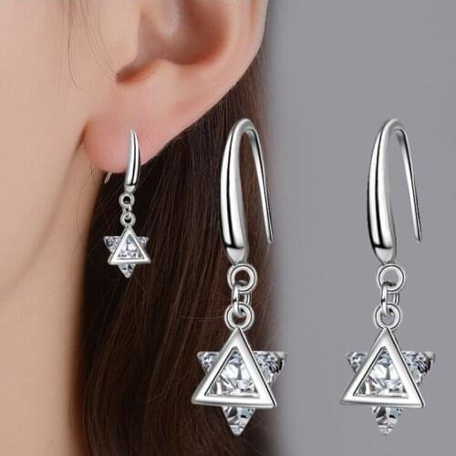 KOFSAC New Fashion 925 Sterling Silver Earrings For Women Wedding Party Exquisite Triangle Crystal Eardrop Ear Hook Jewelry Gift