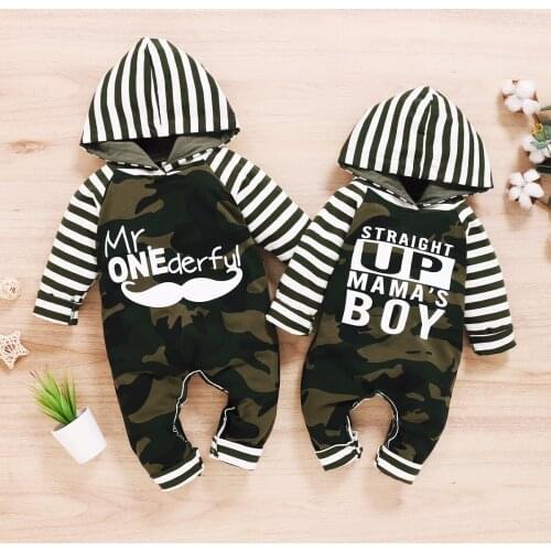 Pudcoco Baby Boys Camouflage Striped Jumpsuit Fashion Casual Letter Print Long Sleeve Cotton Hooded Romper Autumn 3-24 Months