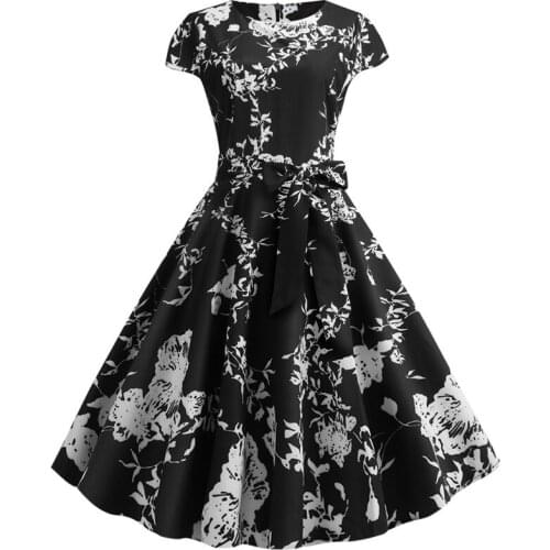 Little Black Dress Floral Print Vintage Vestidos Mujer Tunic Slim Femme Elegant Ladies Dress Short Sleeve Summer Women Dresses