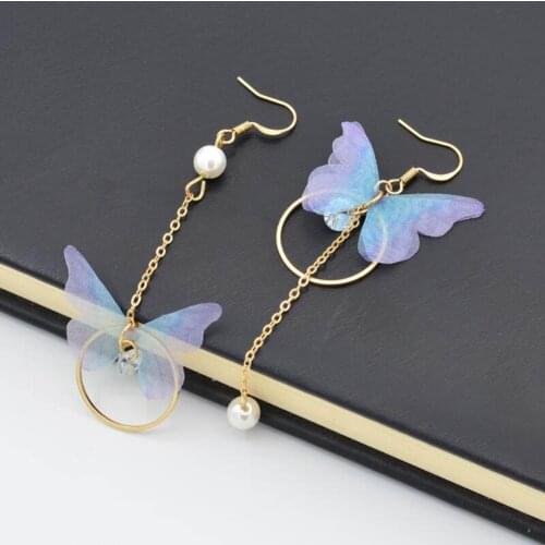 Sweet Women Butterfly Gauze Circle Faux Pearl CZ Long Dangle Asymmetric Earrings New Chic