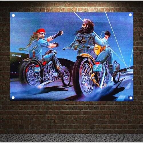 Motorcycle Rider Retro Loft Cloth Art Flag Banner Wall Hanging Tapestry Bedroom Dormitory Home Decoration Canvas Painting Mural
