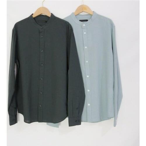 Mens Shirts Cotton Linen Long-Sleeved Mens Clothing Korean Spring Autumn Stand Collar Solid Color Straight Thin Shirt for Men