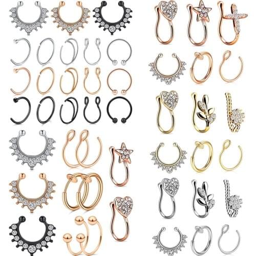 Stainless Steel Flower Fake Nose Ring Set Crystal Non Piercing Ear Cuff Cartilage Earring Clip On Fake Lip Labret Piercing Lot