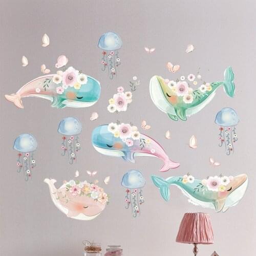 Lovely Marine Life Blue Whale Jellyfish Sticker for Living Room Childrens Room Kindergarten Diy Wall Stickers for Baby Gift