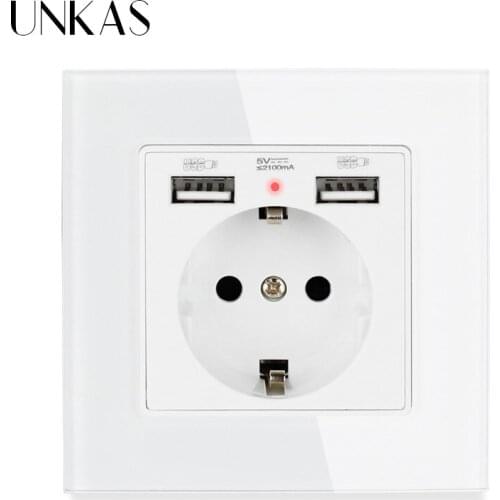 UNKAS Wall Power Socket Grounded 16A EU Standard Electrical Outlet With 2100mA Dual USB Charger Port for Mobile