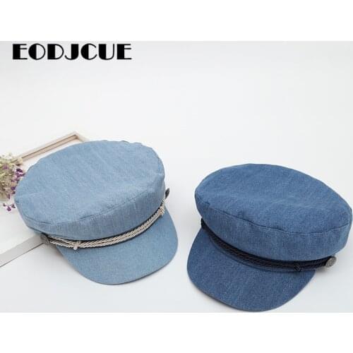 New Fashion Denim Military Cap Women Men Beret Hats Spring Autumn Sailor Caps Flat Top Naval Caps