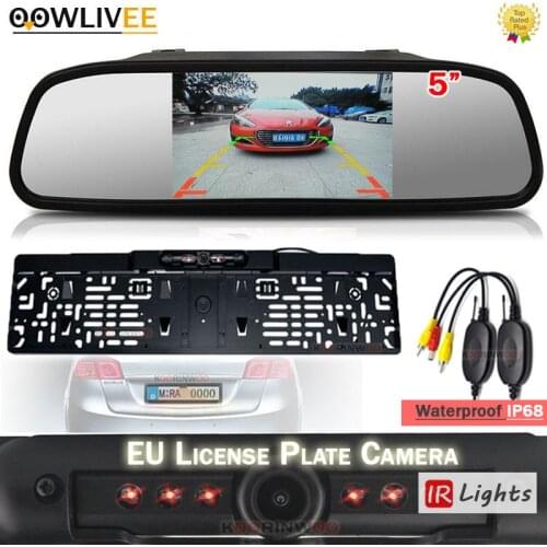 OOWLIVEE EU Car Rearview Reverse Camera Night Vision IR Parking Back Monitor System + 5" LCD Car Monitor Mirror Video RCA Input