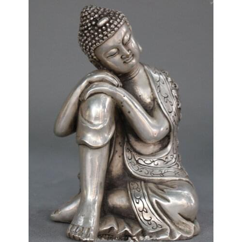 Elaborate Tibetan Buddhism Silver Seat Sleep Sakyamuni Buddha Statue