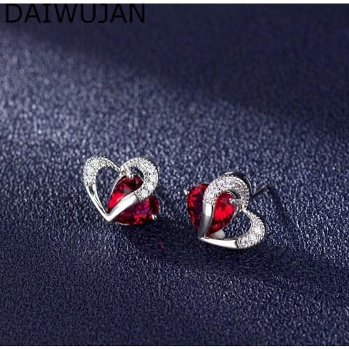 DAIWUJAN Double Hollow Love Heart Shaped Stud Earrings For Women Girls Luxury Ruby Blue Crystal Earrings Silver 925 Jewelry Gift
