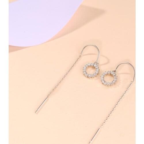 Genuine 925 Sterling Silver Crystal Rhinestone Circle Dangle Earrings Korean Statement Chiain Drop Earring Fine Jewelry Gifts