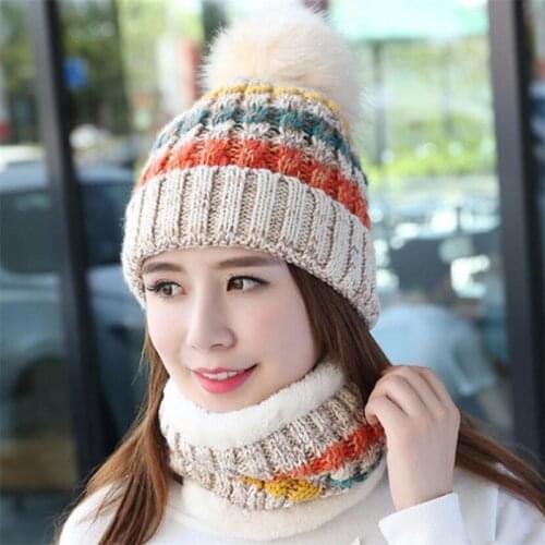 Winter Women Knitted Hat Scarf Set Girls Woman Warm Beanies Plush Hat And Ring Scarf Mix Color Female Lady Pom Pom Cap Scarves
