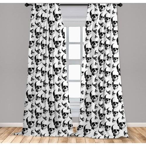 Skull Curtains Skulls Monochrome Detailed Sketch Human Skeleton Head Fear Halloween Theme Window Curtains for Living Room