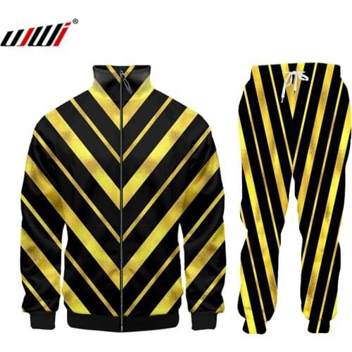 UJWI 3D Print Golden Lines Mens Stand-up Collar Jacket Pants Suit Hoodie Sweater Two-piece Set Bodybuilding Tracksuit 5XL