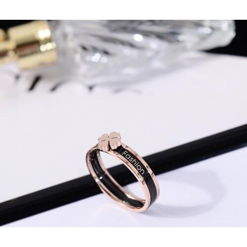 YUN RUO New Arrival Fashion Black Flower two-in-one Ring Rose Gold Color Woman Titanium Steel Jewelry Top Quality Never Fade