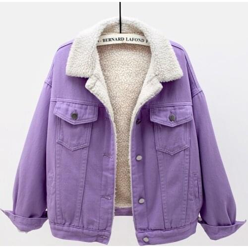 Autumn Winter Women Bomber Denim Short Jacket Korean Loose Long Sleeve Lambswool Ladies Clothes Vintage White Jeans Coat H845