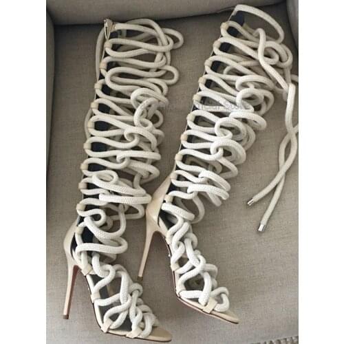 Women Brand Sexy Knee High Sandal Boots Lace-up Rope Hollow Out Boots Gladiator Cage Boots Open Toe Ultra High Heel Sandal Boots