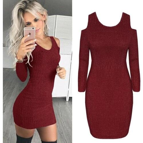 Womens Knitted Party Dress Strapless Fashion Solid Color O-Neck Female Long Sleeve Office Summer Slim Casual Dress