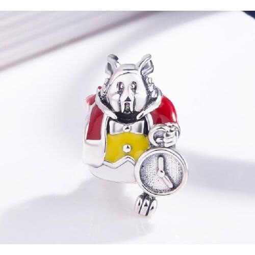 925 Sterling Silver Animal Beads Enamel Clock Rabbit Charms Fit Original pandora Bracelet Charm For Women DIY Jewelry Bead